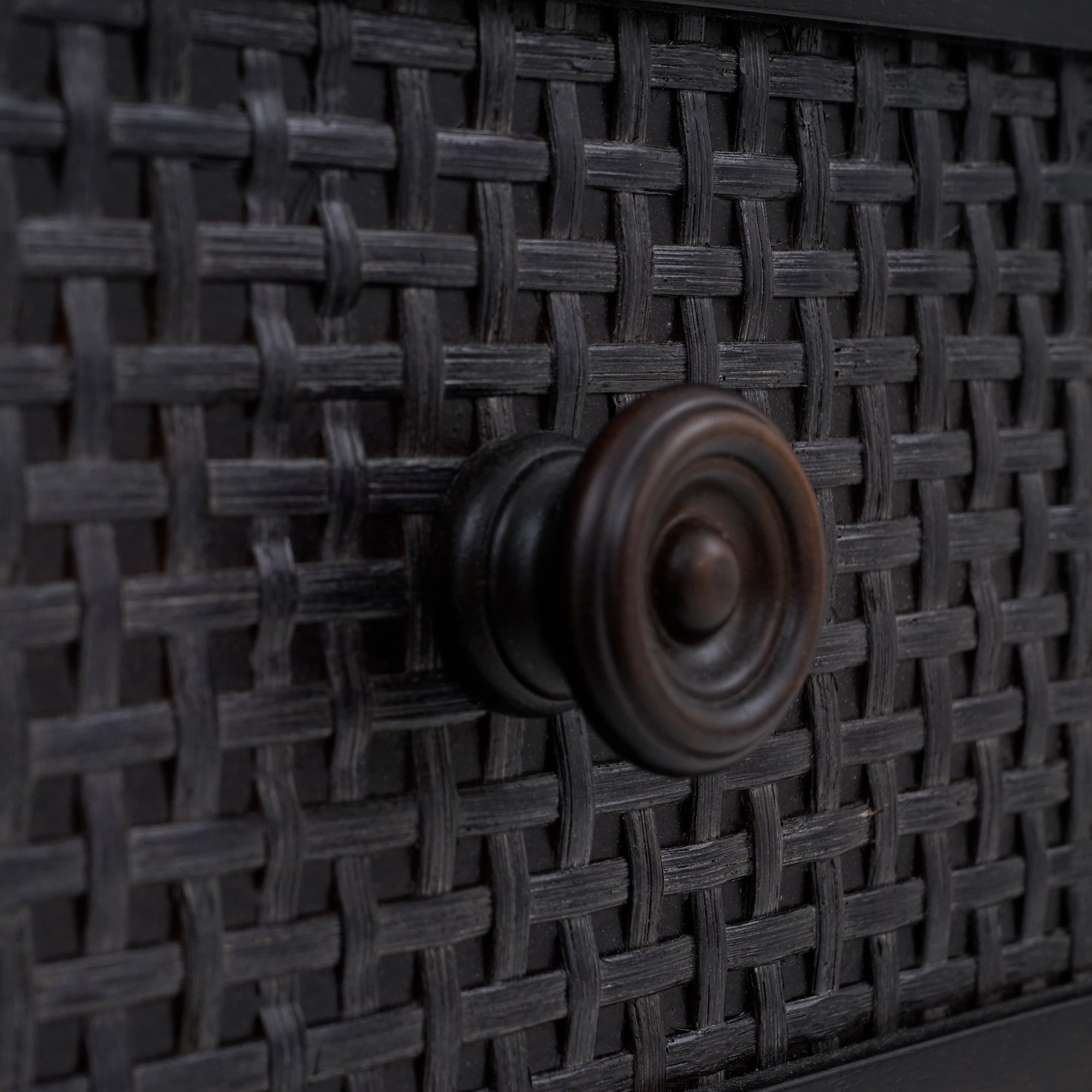 Detail Front View Black Lurian 1 Drawer Rattan Nightstand