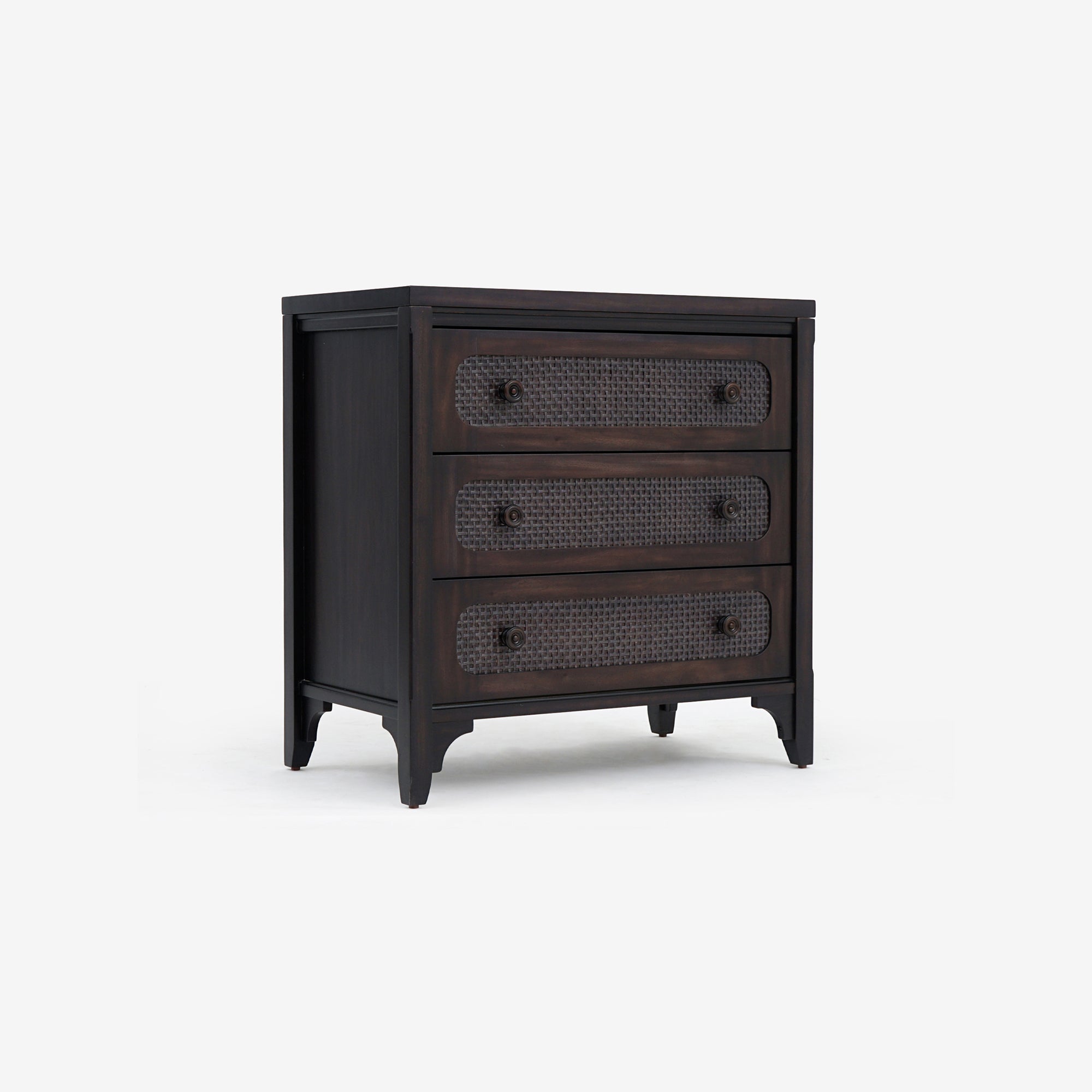 Angled View Black Lurian 3 Drawer Rattan Dresser