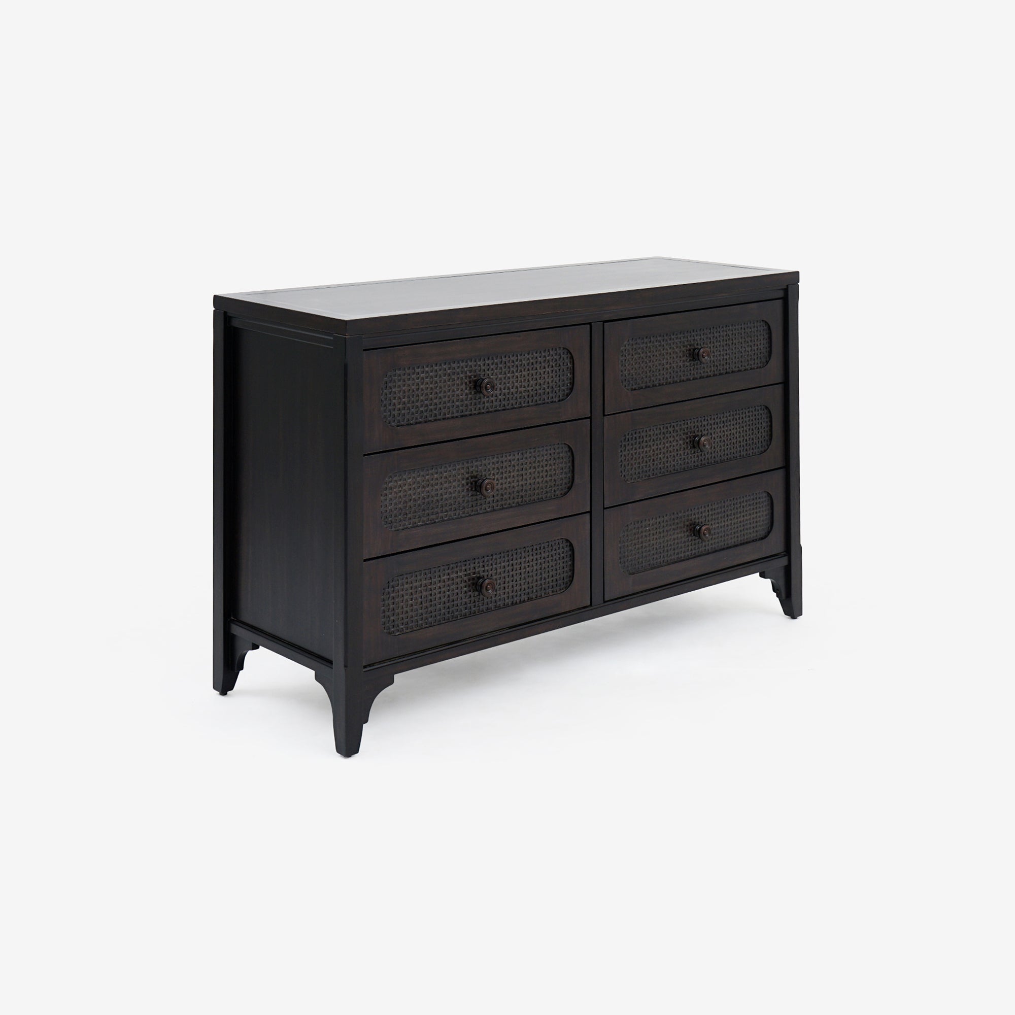 Angled View Black Lurian 6 Drawer Rattan Dresser