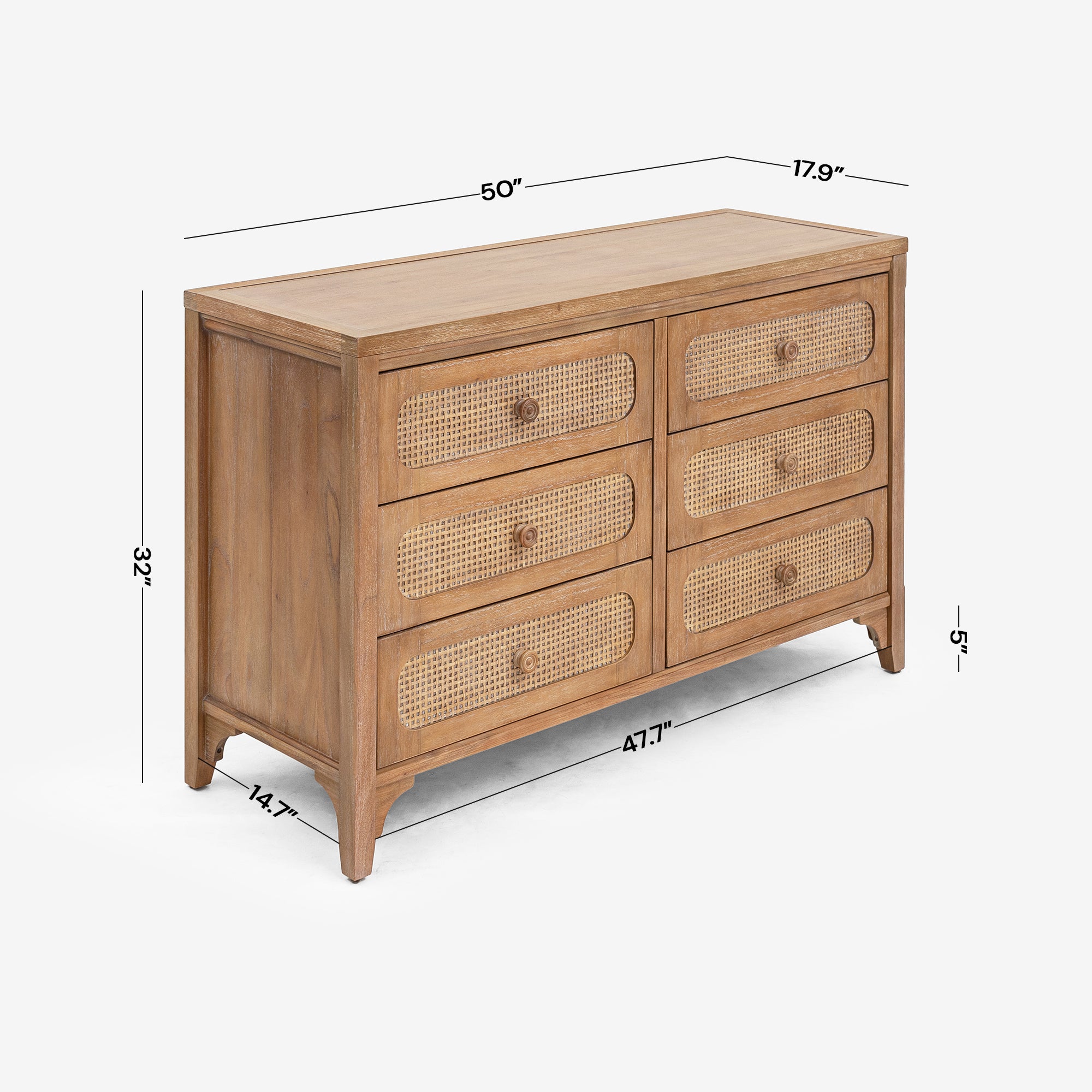 Detail Dimension Black Lurian 6 Drawer Rattan Dresser