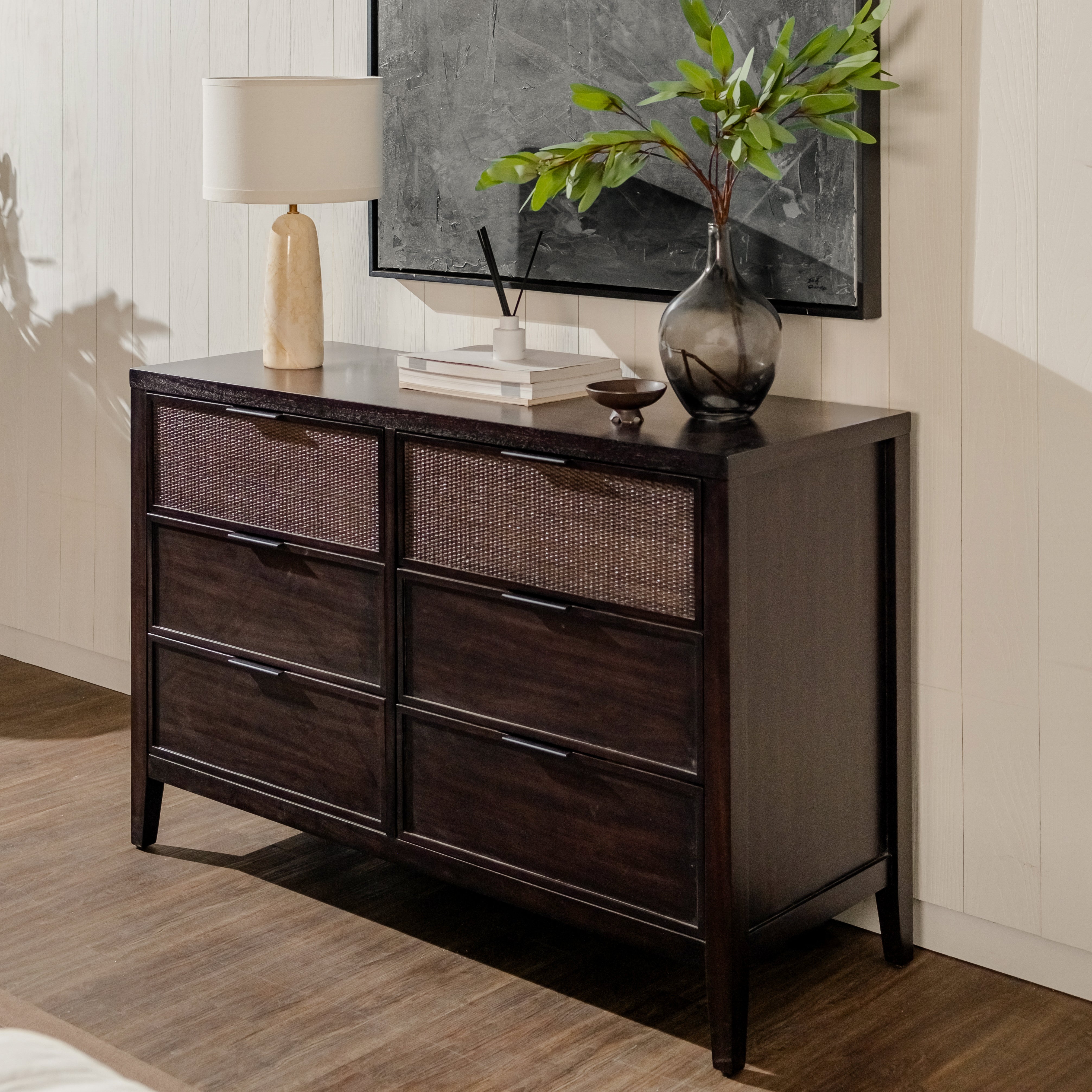 Kalana - 6-Drawer Rattan Dresser, Black