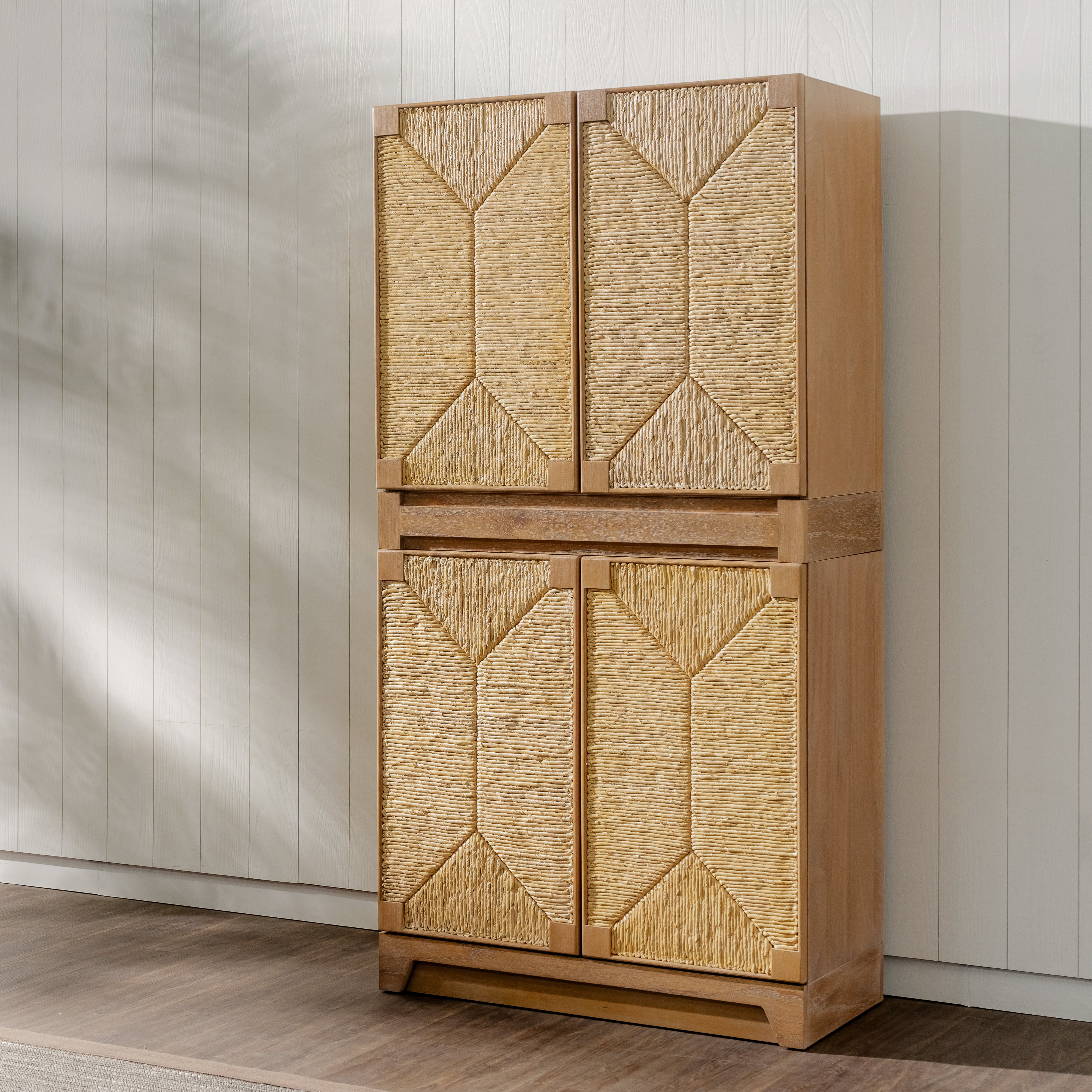 Wooden cabinet with geometric pattern against a neutral wall