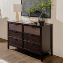 Wooden dresser with wicker drawers in a room setting