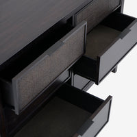 Black dresser with open drawers