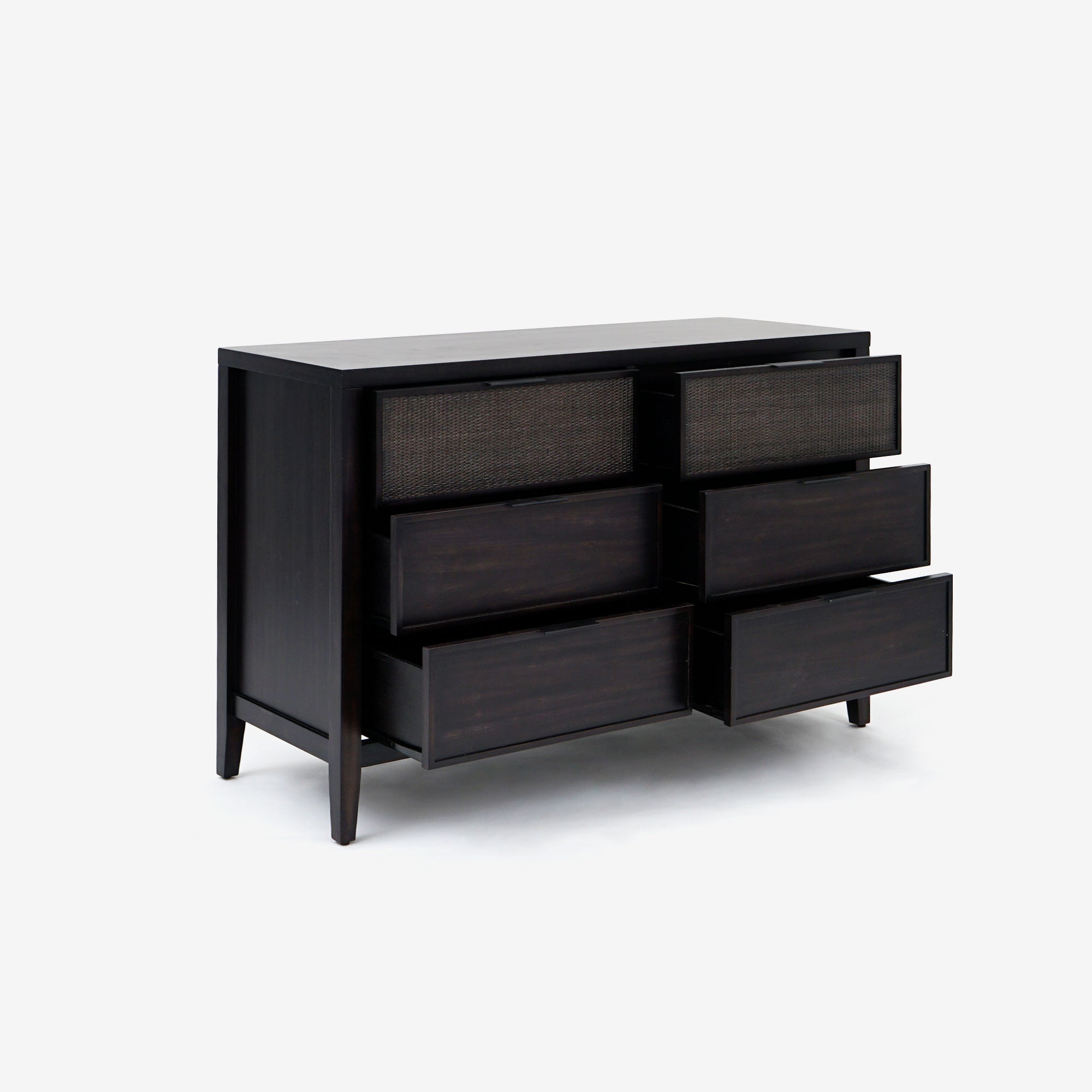 Dark wood dresser with multiple drawers 