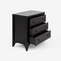 Opened Black Lurian 3 Drawer Rattan Dresser