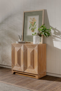 Natural Averi Modular Cabinet against a neutral wall with a framed picture and plant.