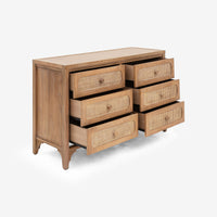 Opened Natural Lurian 6 Drawer Rattan Dresser